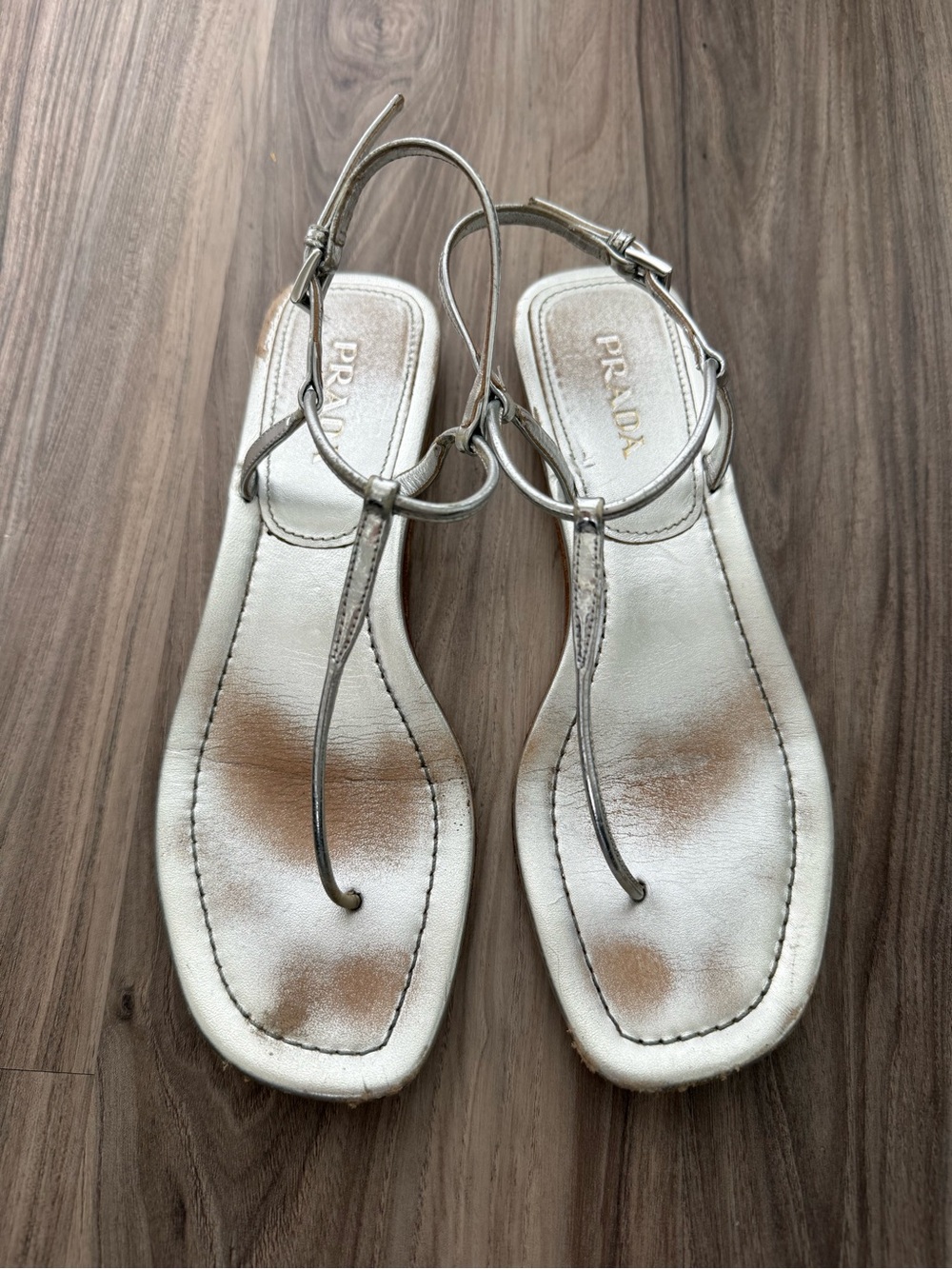 Prada Metallic Silver T-Strap Thong Sandals